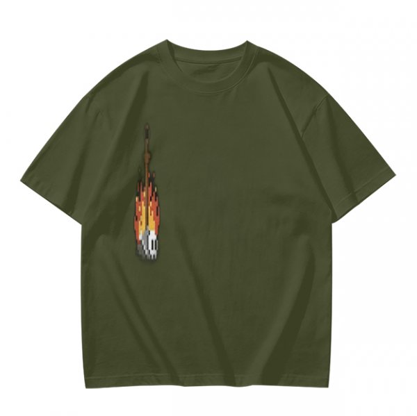 Olive Green T-Shirt With Pixel Art Skull Sword And Fire Print