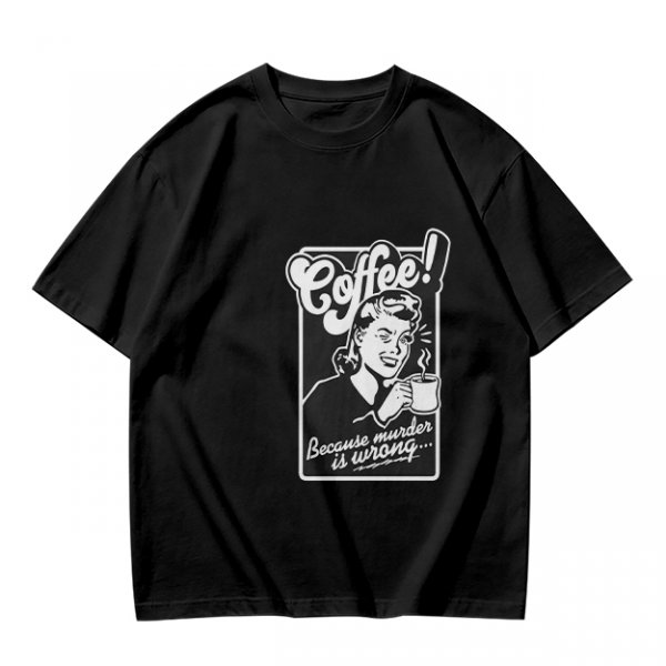 Olive T-Shirt with Retro Coffee Murder Pun Graphic