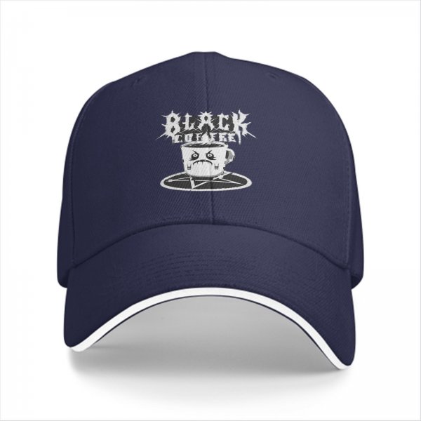 Black Coffee Baseball Cap With Angry Coffee Cup And Pentagram Design