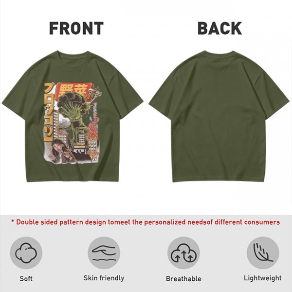 Olive T-shirt with Giant Broccoli Monster Attacking City Art
