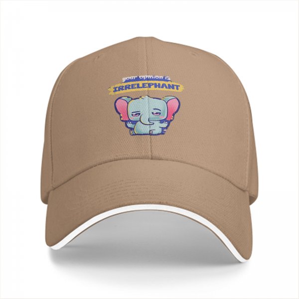 Black baseball cap with 'your opinion is irrelephant' cute elephant graphic