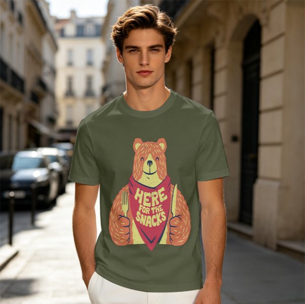 Olive T-Shirt With Happy Bear Holding Fork And Knife Here For Snacks Print