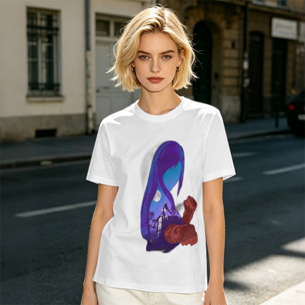 Olive T-Shirt With Purple Haired Figure Night Scene Print