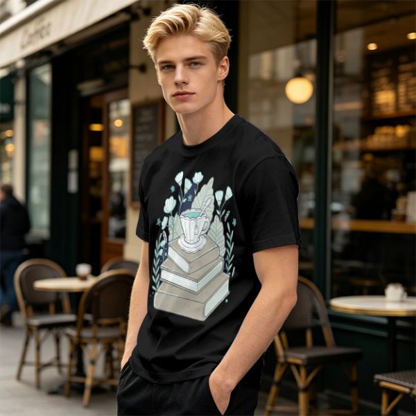Olive T-Shirt With Stacked Books Teacup Floral Print