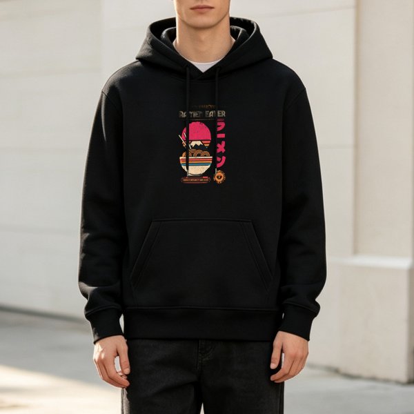 Black Hoodie With Retro Ramen Mountain Graphic Design