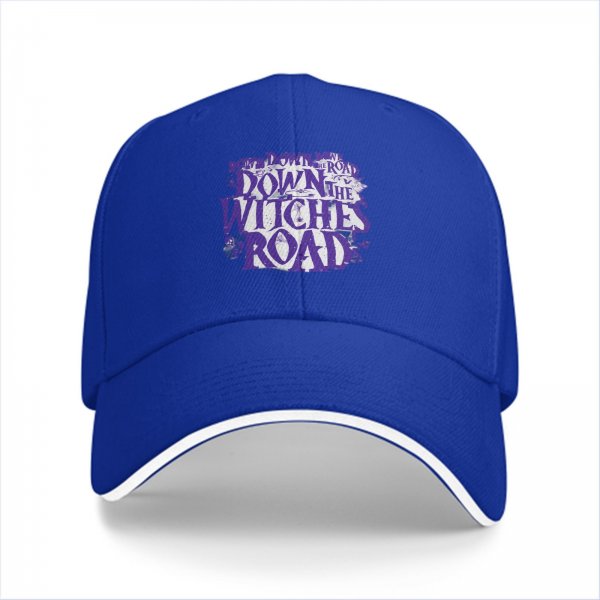 Black baseball cap with 'Down the Witches Road' Halloween themed print