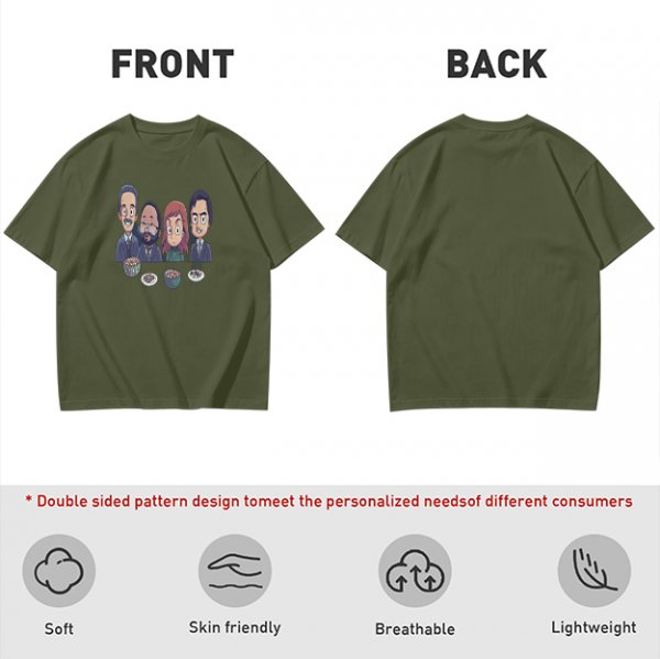 Olive T-shirt with Cartoon Group of Four People and Bowls Print