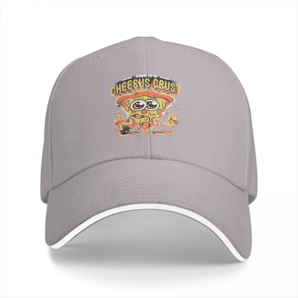 Black baseball cap with Cheesus Crust pizza slice graphic