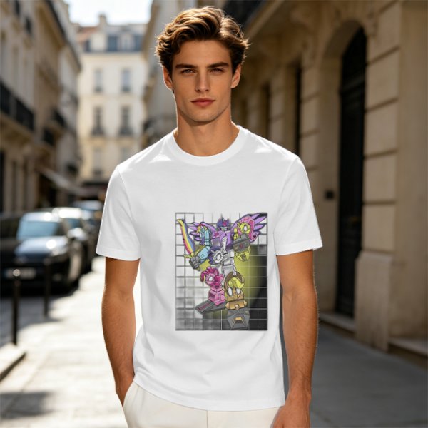 Olive T-shirt with colorful robot transformer graphic print