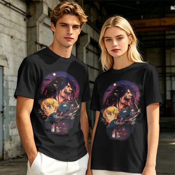 Attack on Titan themed graphic tee with anime character artwork