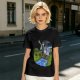 Olive T-shirt with Cartoon Boys Balancing on Log Over Stream