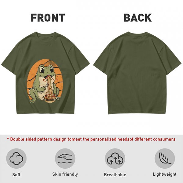 Olive Green T-Shirt Featuring a Frog Eating Spaghetti Graphic
