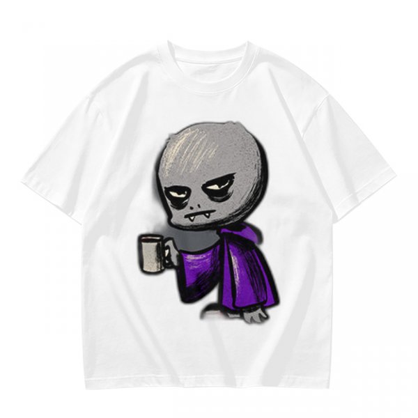 Olive T-Shirt With Grumpy Vampire Holding Coffee Mug Print