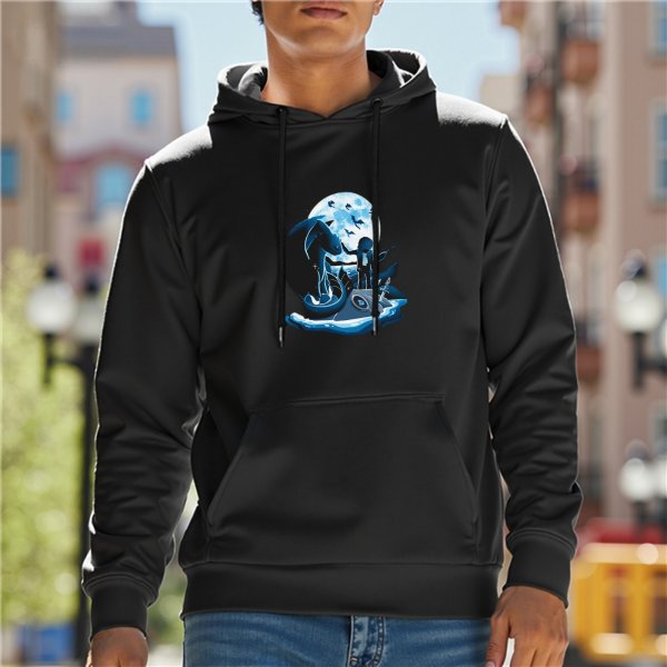Black hoodie with moonlit fantasy character graphic print