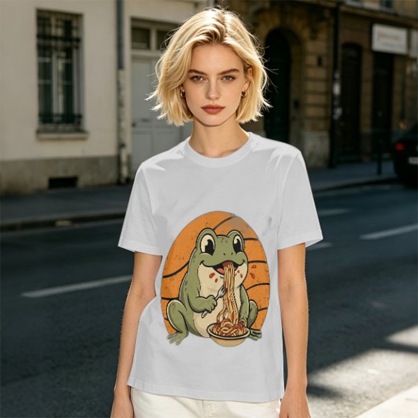 Olive Green T-Shirt Featuring a Frog Eating Spaghetti Graphic
