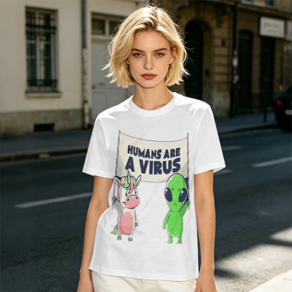 Olive T-shirt with Unicorn and Alien Holding 'Humans Are A Virus' Sign