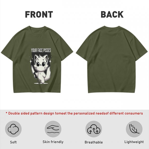 Olive graphic t-shirt with angry cartoon cat holding knife