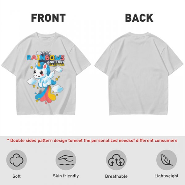 Olive t-shirt with playful unicorn rainbow poop and glitter fart graphic