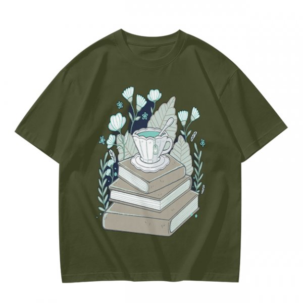 Olive T-Shirt With Stacked Books Teacup Floral Print