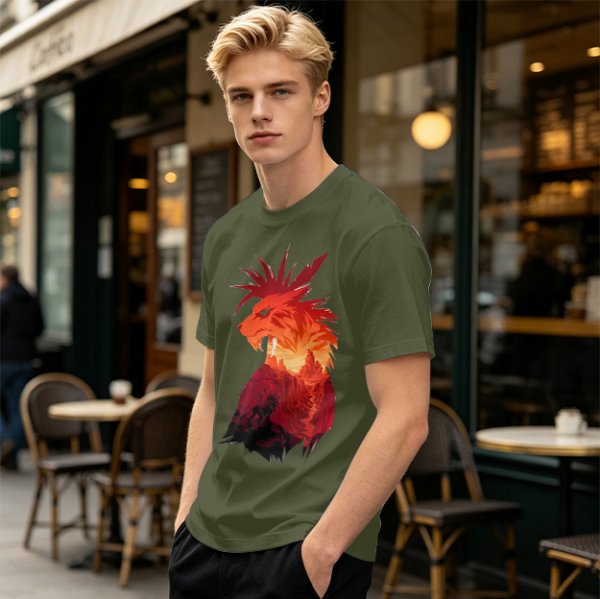 Olive T-Shirt With Fiery Lion Creature Graphic Print