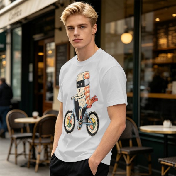 Olive T-Shirt With Sushi Ninja Riding Bicycle Print