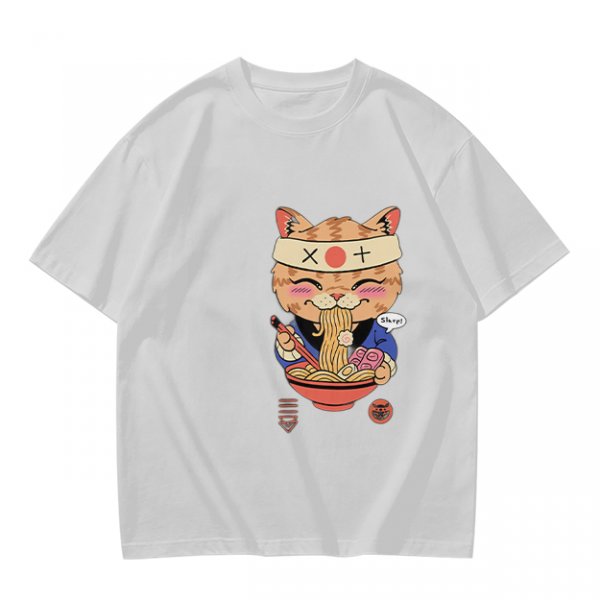 Olive green t-shirt with a cute cat eating ramen graphic