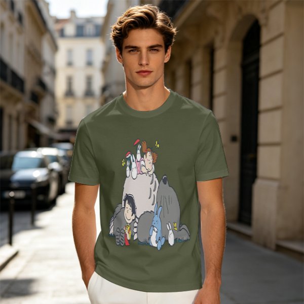 Olive T-shirt with whimsical forest spirit and children graphic print
