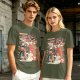 Olive green graphic tee with retro masked rider ramen motorcycle art