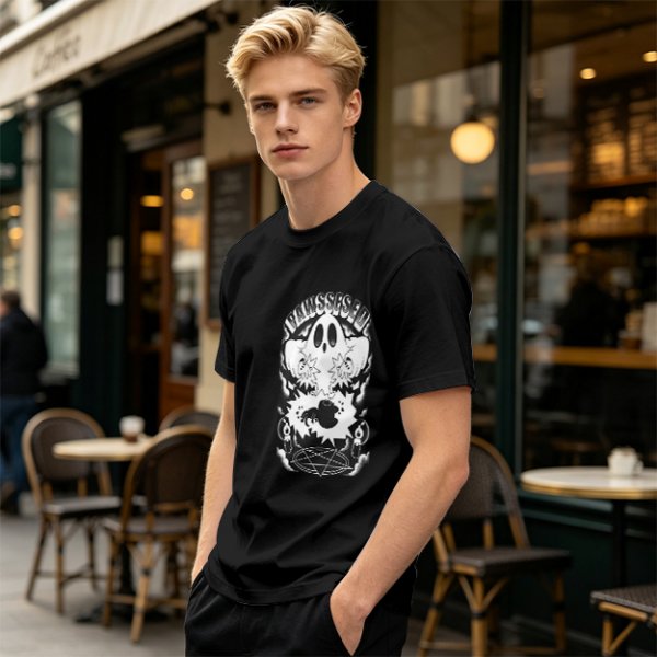 Olive T-shirt with Ghost and Occult Graphic Print
