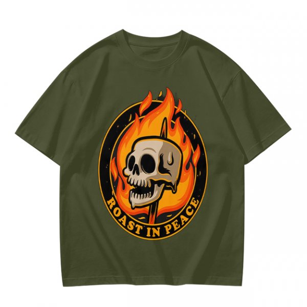 Olive T-Shirt With Roast In Peace Flaming Skull Graphic