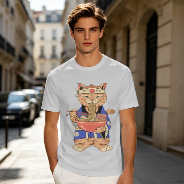 Olive T-Shirt Featuring a Cat in a Headband Eating Ramen