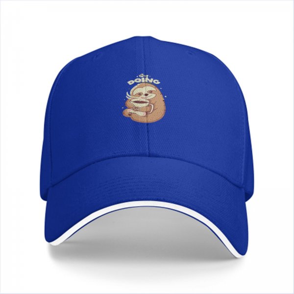 Black baseball cap with sloth holding coffee and 'doing' text