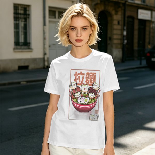 Olive T-Shirt With Cute Ramen Cat Bowl Graphic Print