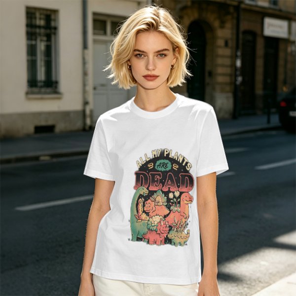 Olive graphic t-shirt with 'All My Plants Are Dead' dinosaur print