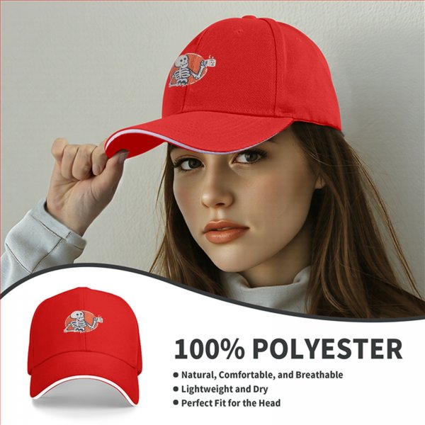 Black baseball cap with skeleton holding coffee cup graphic
