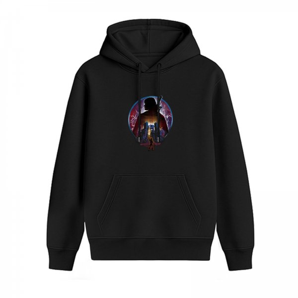 Black hoodie with fantasy warrior silhouette lightning graphic
