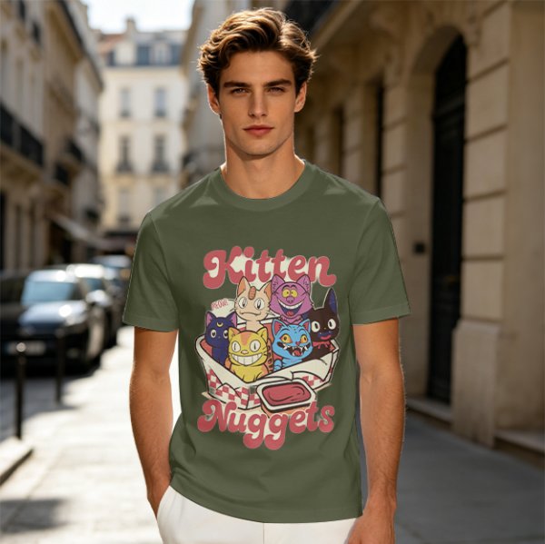 Olive graphic t-shirt with kitten nuggets print