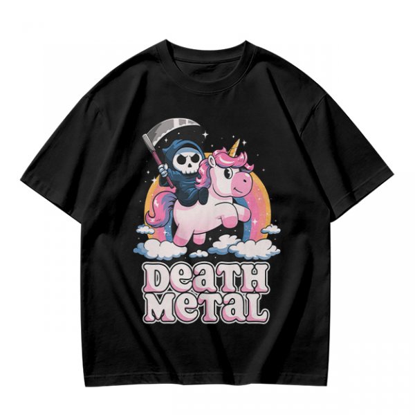Olive t-shirt with cute grim reaper riding unicorn and death metal graphic