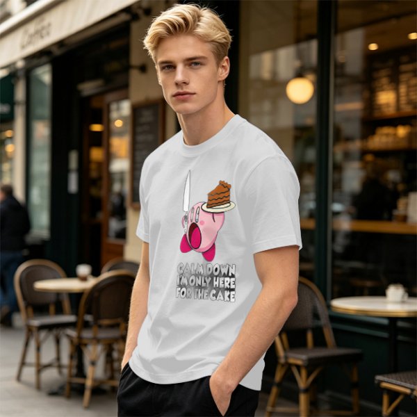 Olive t-shirt with Kirby holding knife and cake, text Calm Down I'm Only Here For The Cake