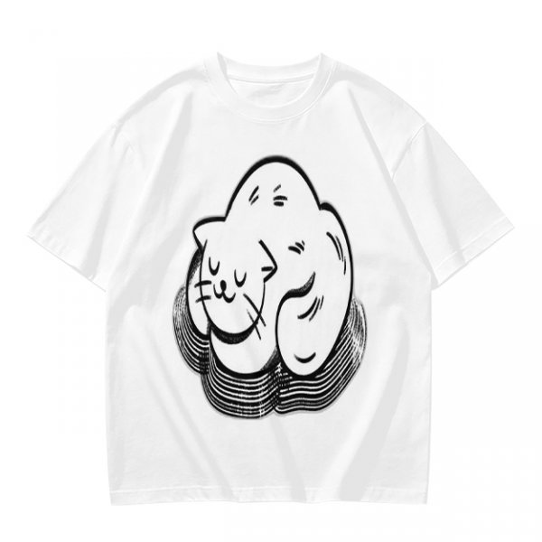 Olive Green T-Shirt With Sleeping Curled Cat Graphic Print