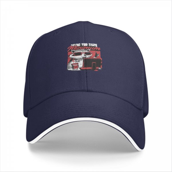 Black baseball cap with raccoon graphic doing the bare minimum