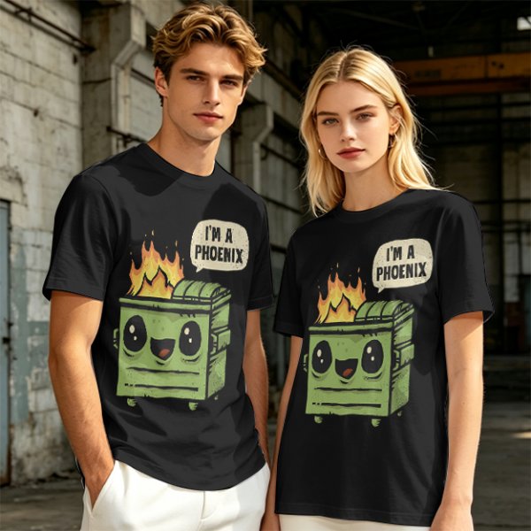 Olive green t-shirt with a cartoon dumpster on fire saying I'm a phoenix