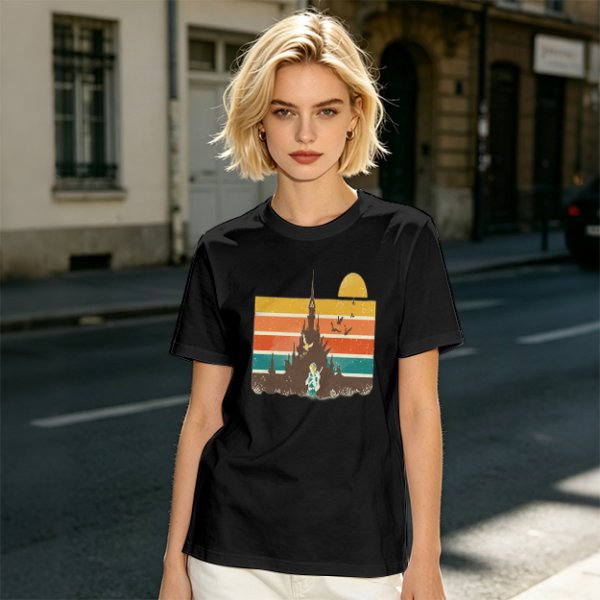 Olive T-Shirt With Retro Sunset Fantasy Castle Graphic