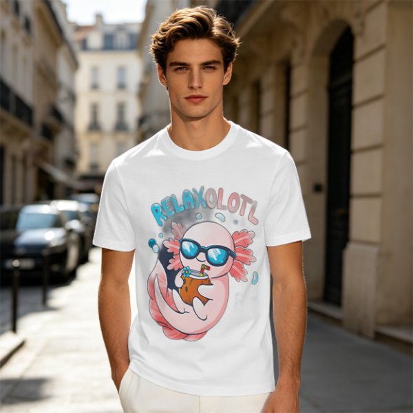 Olive t-shirt with a relaxed axolotl wearing sunglasses holding a drink