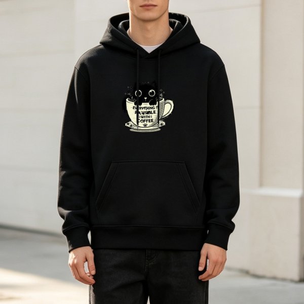 Black Hoodie With Cute Black Cat In Coffee Cup 'Everything's Pawsible With Coffee' Print