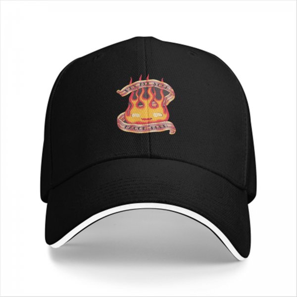 Black baseball cap with flame and banner graphic design