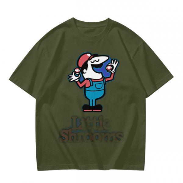 Olive T-shirt with Cartoon Character Holding Mushrooms Print