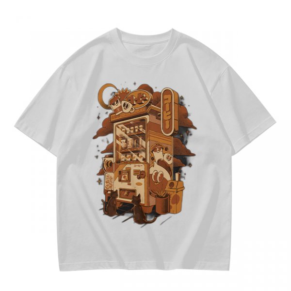 Olive T-Shirt with Coffee Vending Machine and Cats Graphic