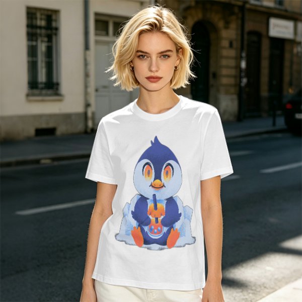 Olive T-shirt with Cute Penguin Drinking Boba Tea Print
