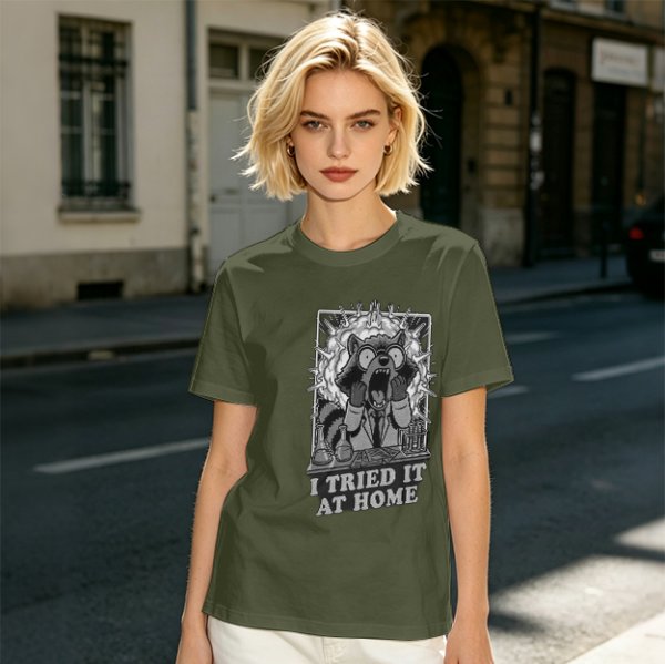 Olive Graphic Tee With Shocked Raccoon Scientist I Tried It At Home Print